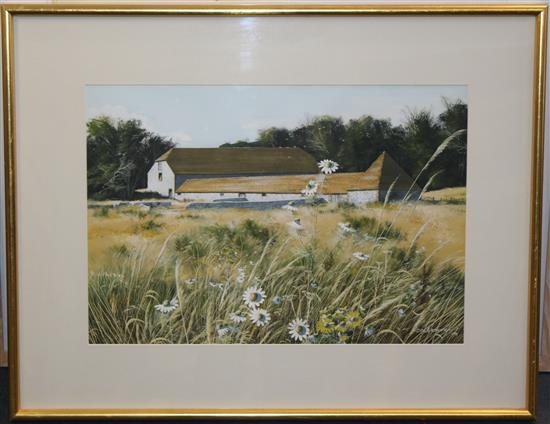 Paul Evans (20th C.) Flint barns from the field, 13.5 x 19in.